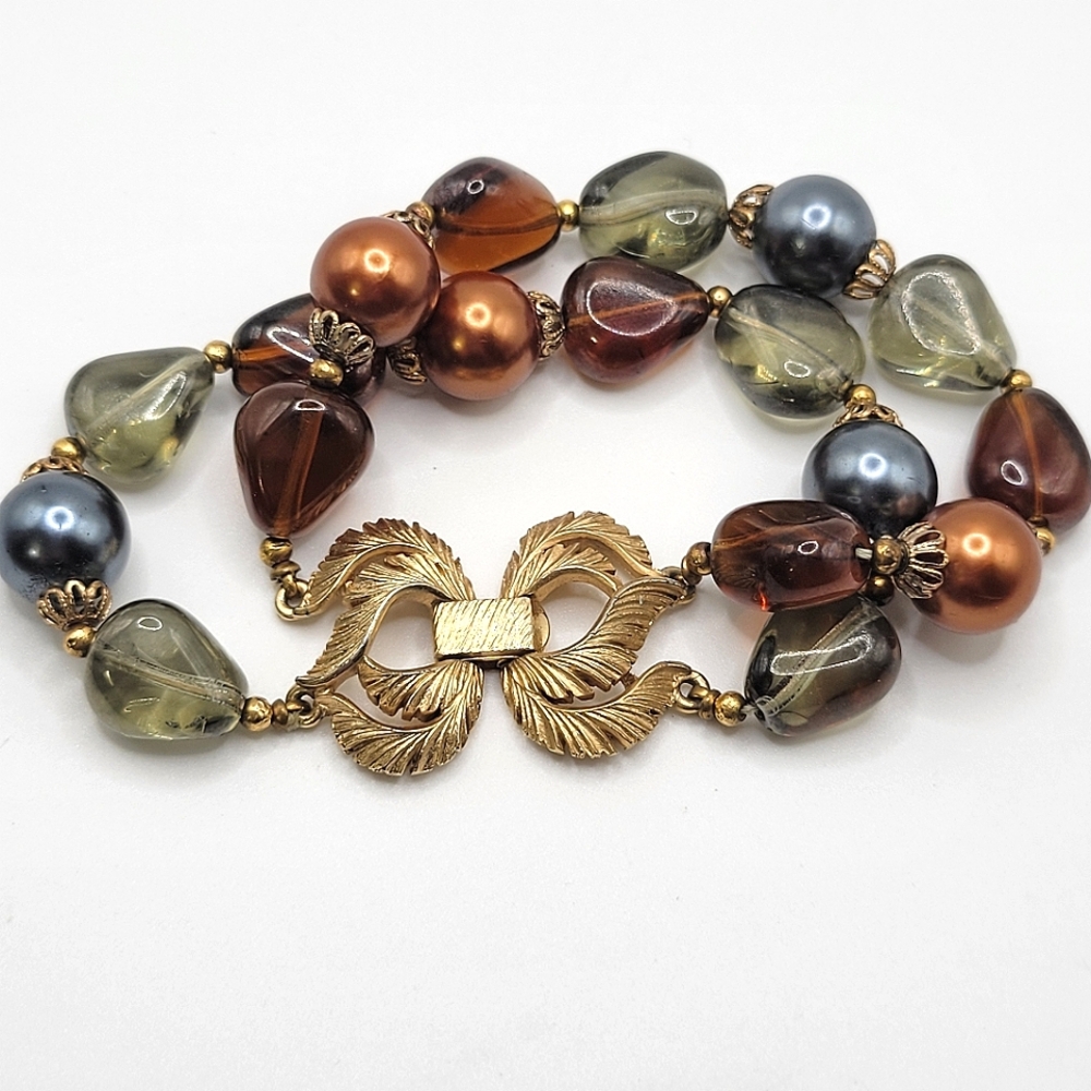VTG "Crown" Trifari Bracelet | Double Stranded, Beaded | SIGNED